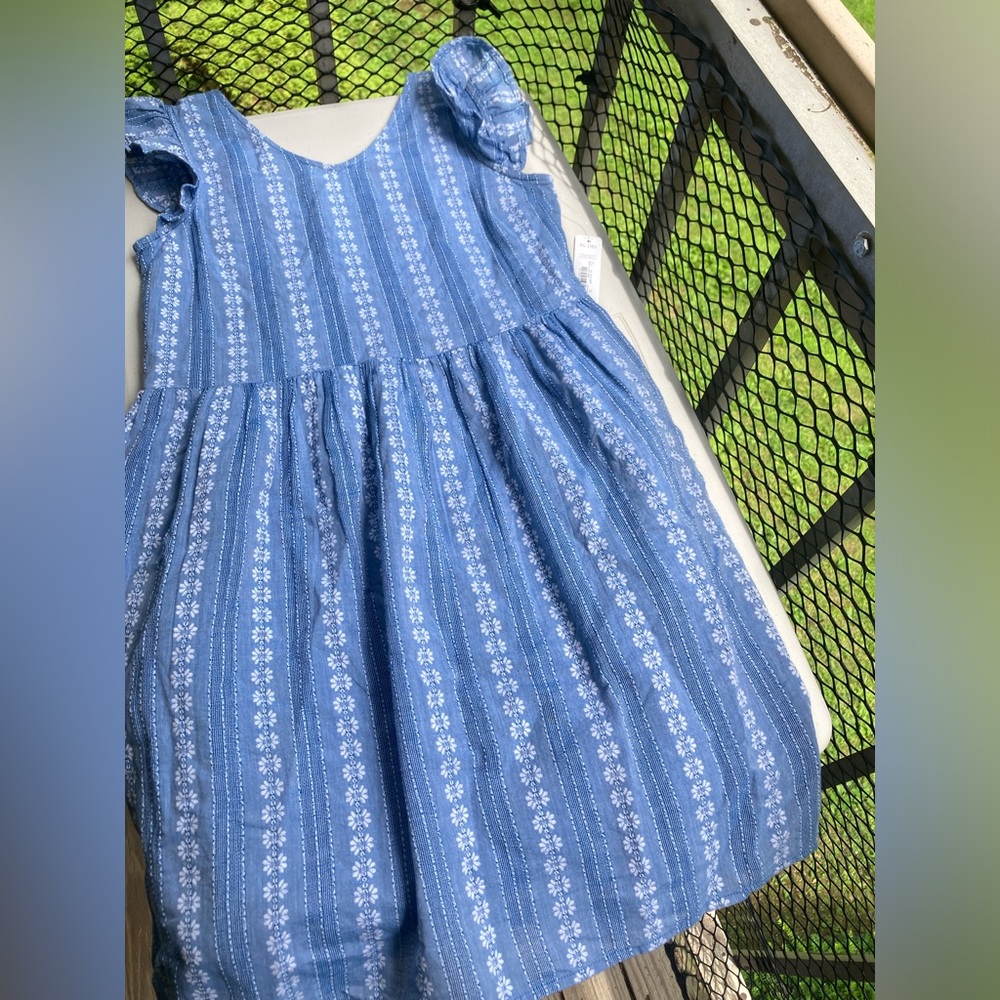 Peyton & Parker 100% Cotton Denim Style Dress White Embroidered Flowers Stripes